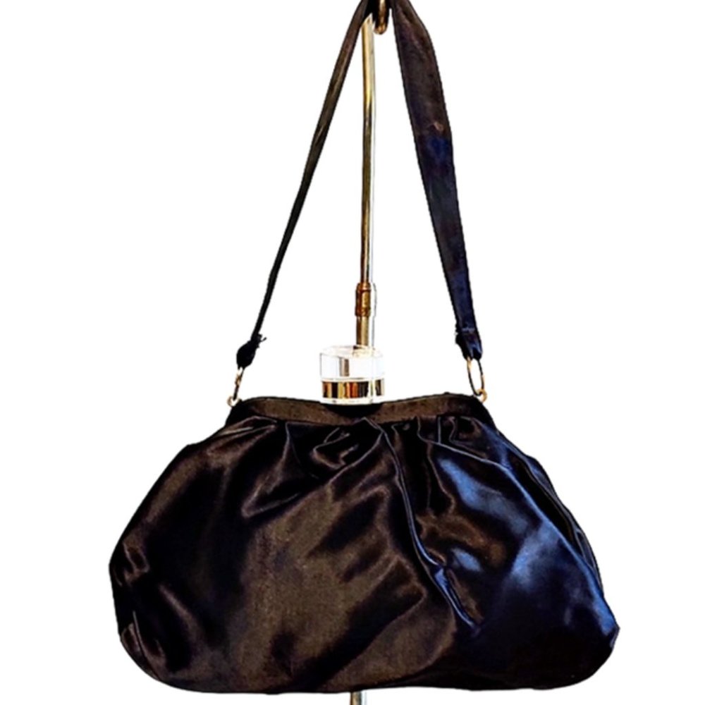 1950s Vintage Black Satin Pouch Handbag With A Large Clear Lucite Clasp Closure